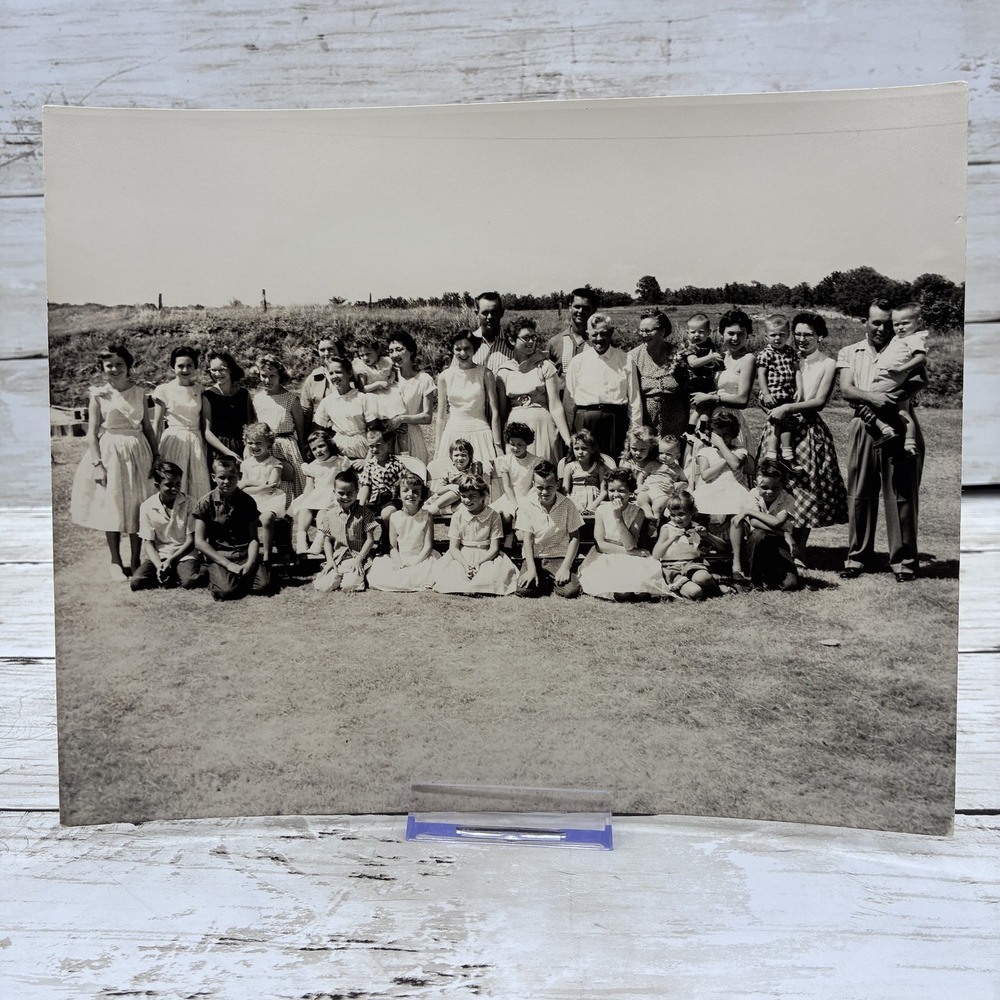 Vintage 1950s Large Family Group Photo Black & White Outdoor Portrait Snapshot